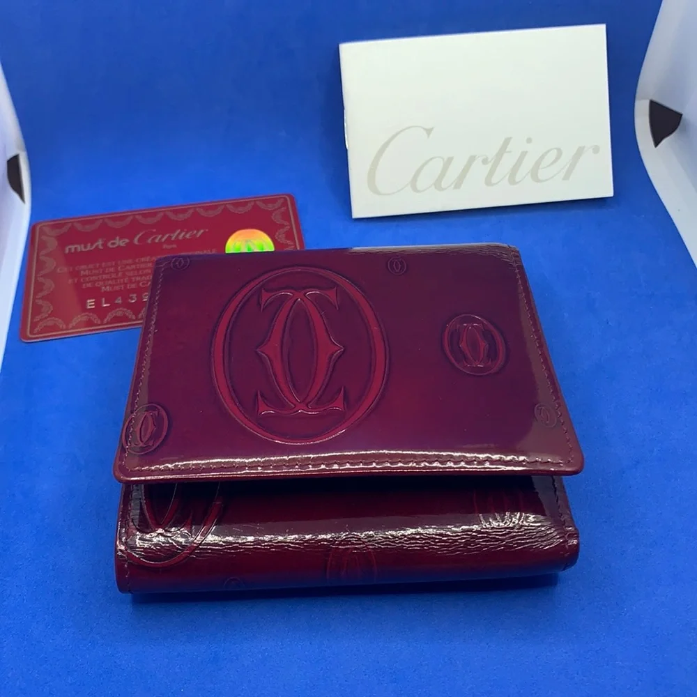 CARTIER Red Patent‎ Leather Embossed Happy Birthday Compact Wallet